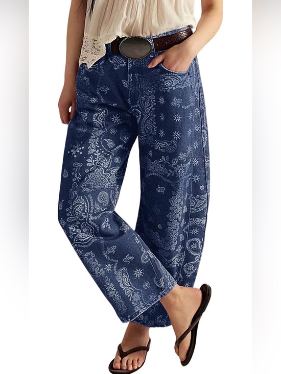 Denim - Navy Blue Bandana Print Barrel Jeans